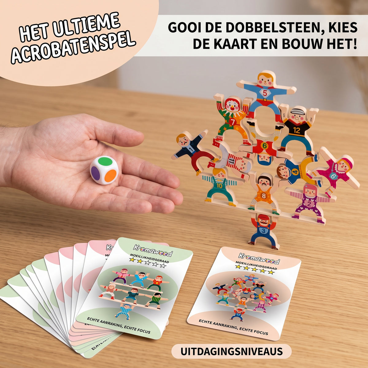 Kromawood houten figuren, kleurendobbelstenen en uitdagingskaarten